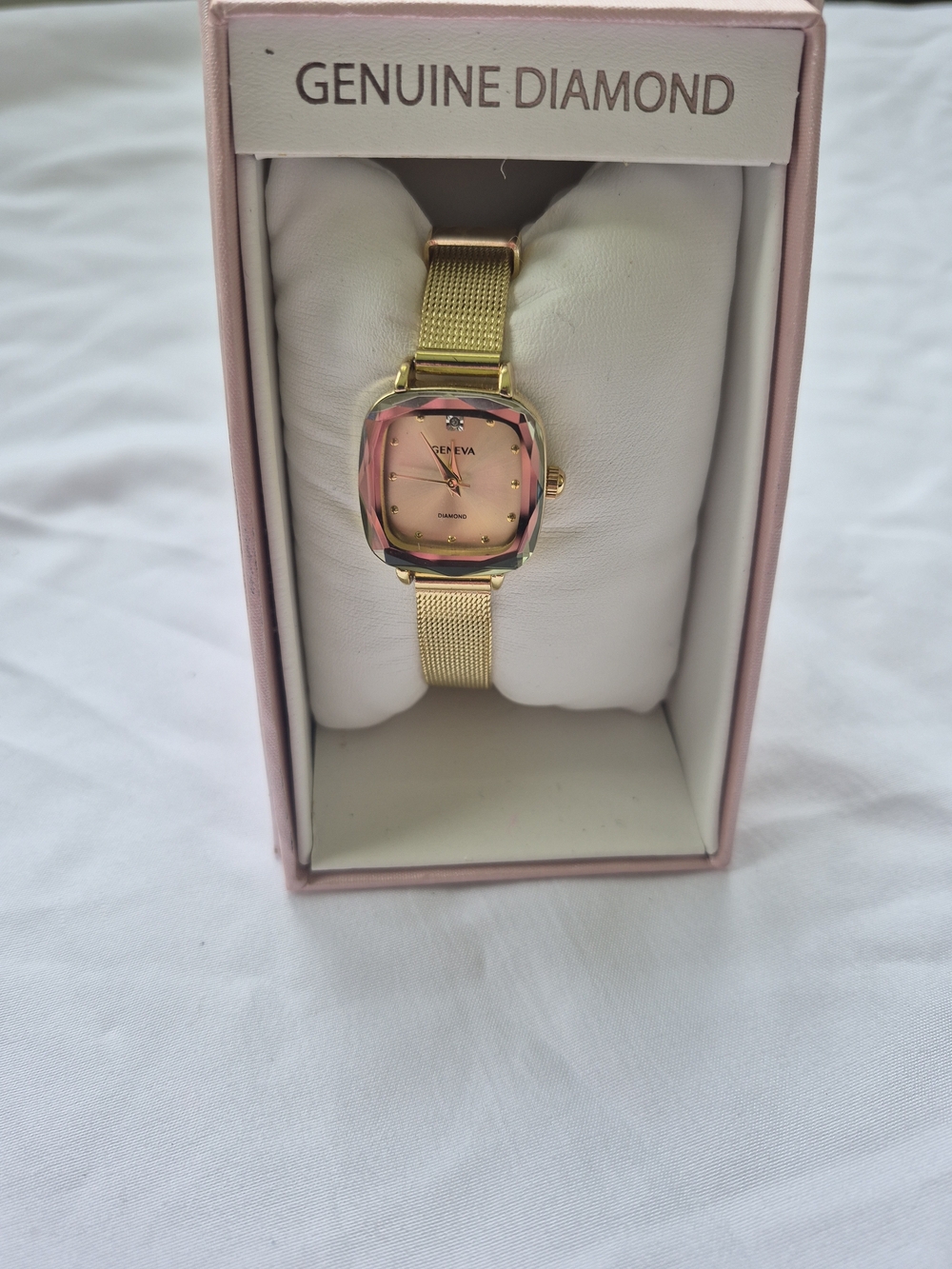 Geneva Gold Mesh Strap Watch with Pink Dial